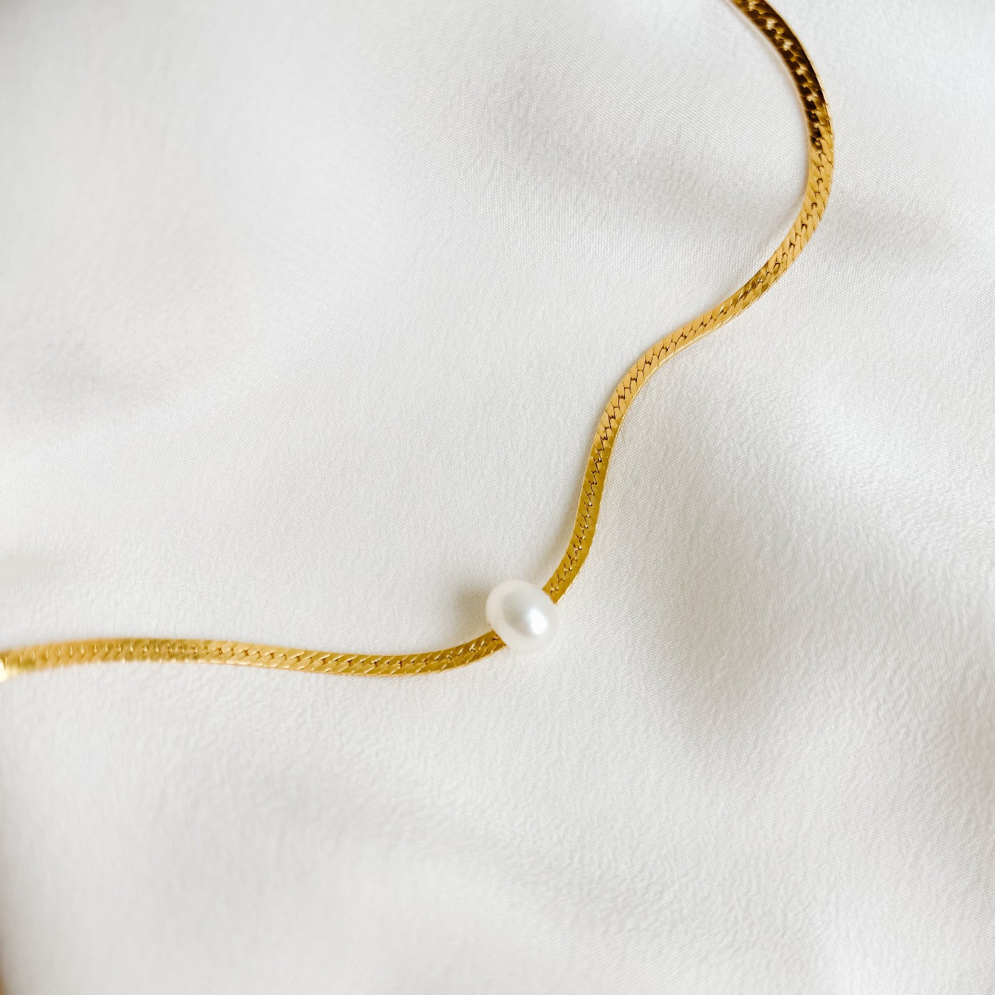 slim gold filled herringbone necklace with pearl slider