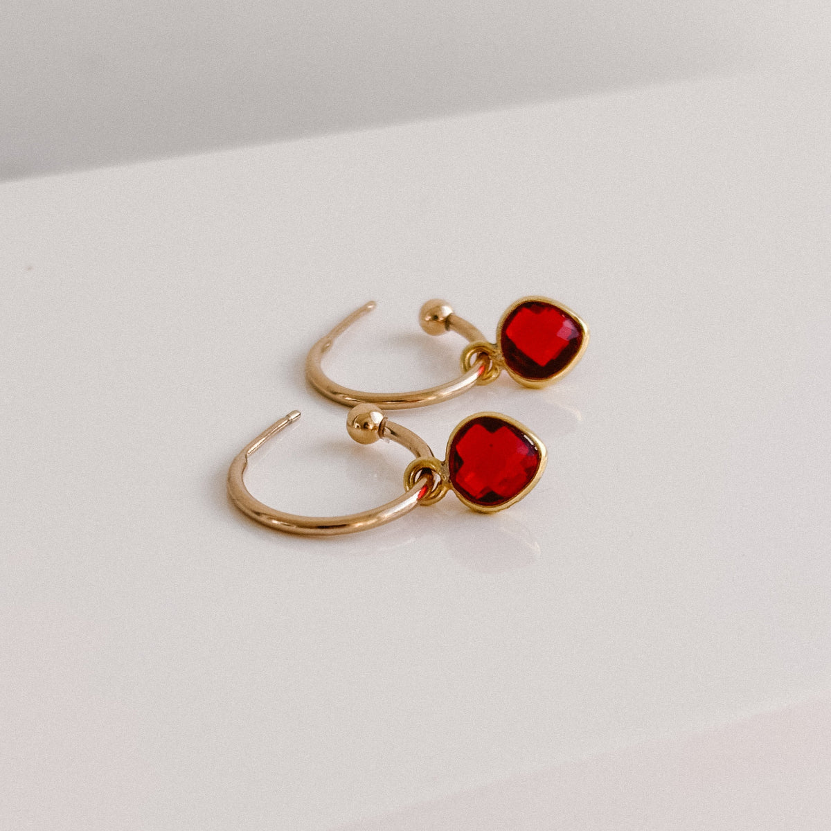 14k Gold-Filled Hoop Earrings with Garnet Heart Charms