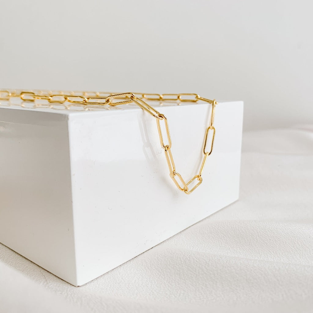 Large link paperclip chain necklace in 14k gold filled by Adorned by Ruth. 