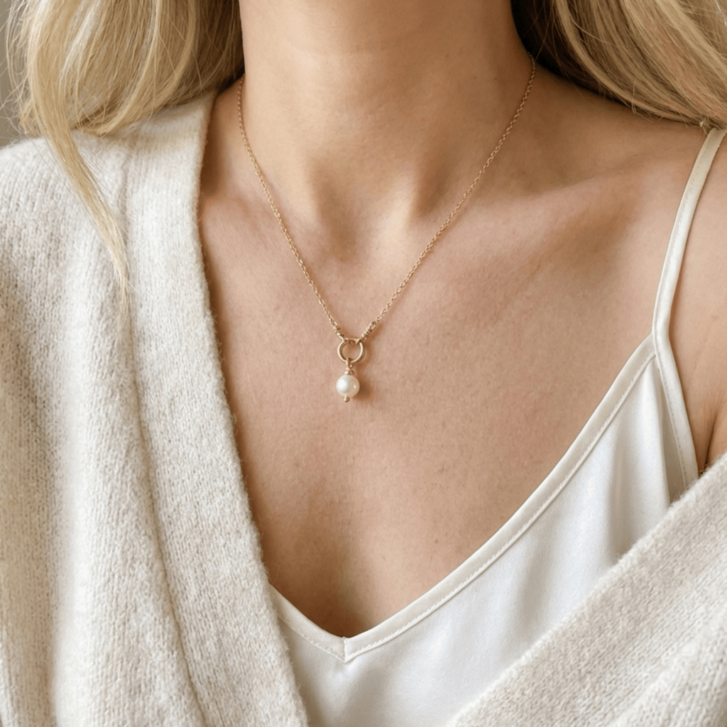Woman wearing a delicate gold necklace with a pearl pendant.