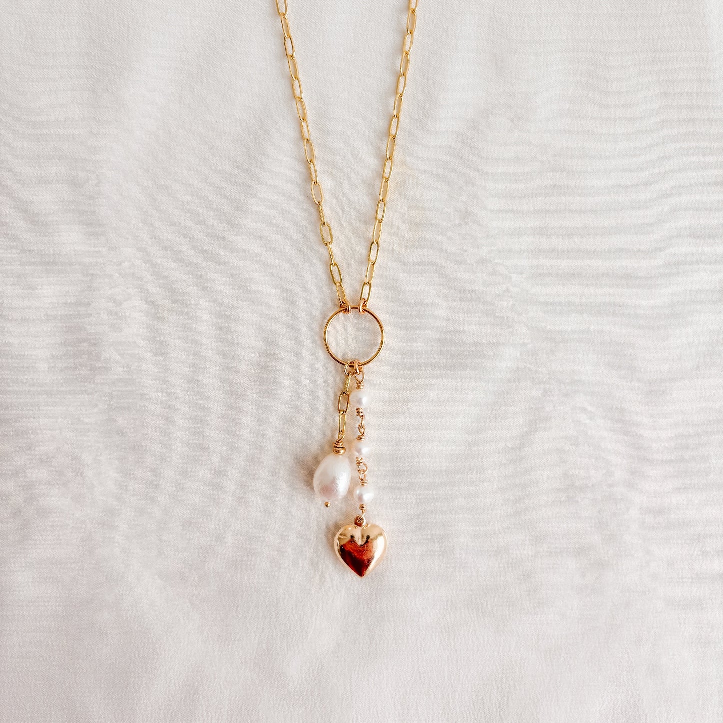 Paperclip Chain Necklace with Baroque Pearl and Puffy Gold Heart