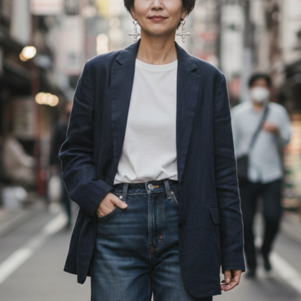 Person wearing pearl cross hoop earrings walking on a street in an urban setting