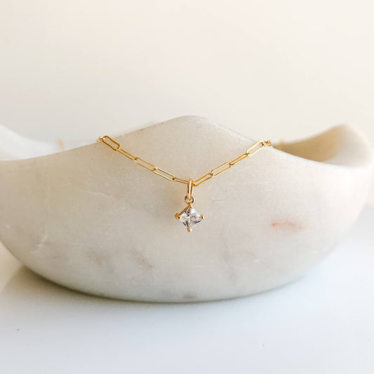 Paperclip chain with cubic zirconia kite shaped pendants in 14k gold filled 