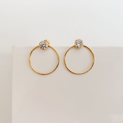 gold open circle cubic zirconia earrings.  Bezel set CZ post earrings with an open circle frame that can be worn in front of or behind the earlobe.  
