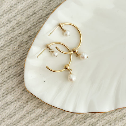 Double Pearl Drop Hoop Earrings Gold