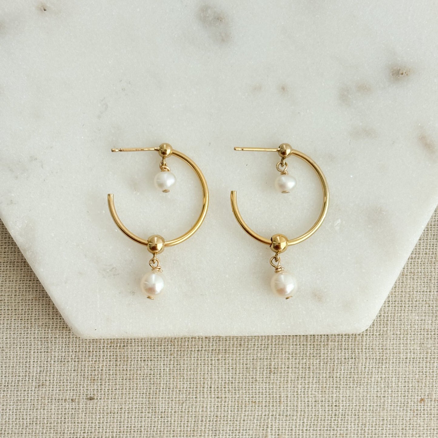 Double Pearl Drop Hoop Earrings Gold