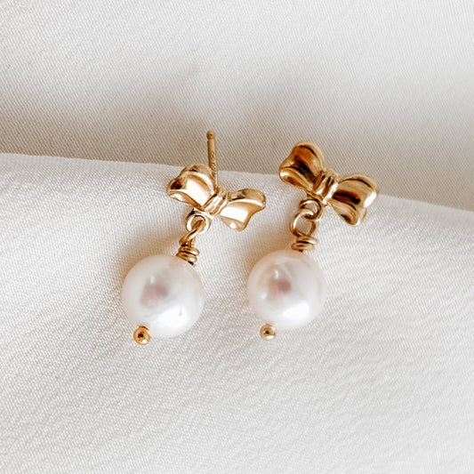 Gold Pearl Bow Earrings