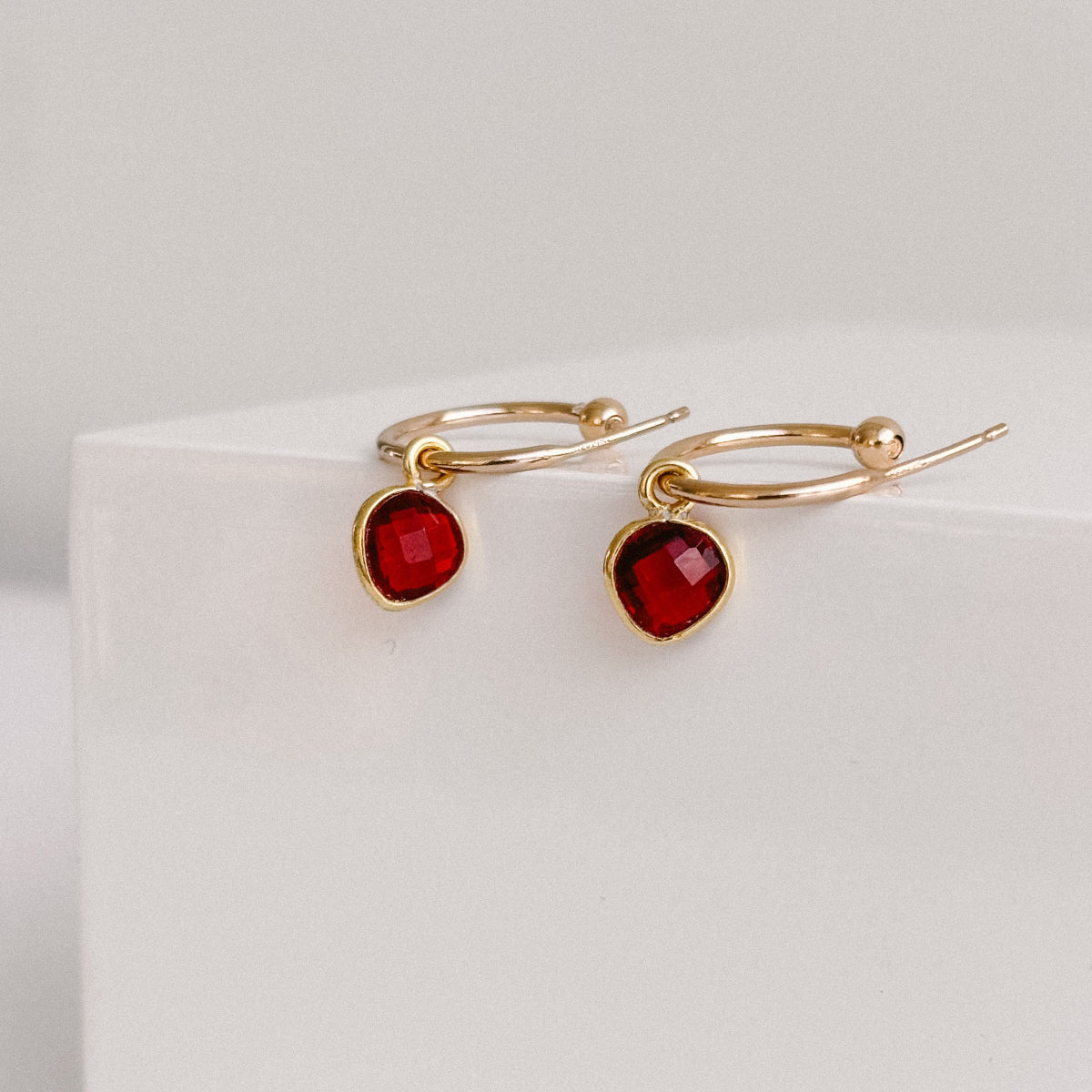 14k Gold-Filled Hoop Earrings with Garnet Heart Charms