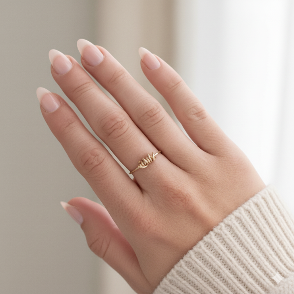 a dainty 14k gold filled hand wired "knot" barbed wire ring shown on a woman's hand.