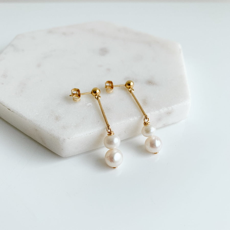  Gold ball  and linear bar with freshwater pearls stud earrings.