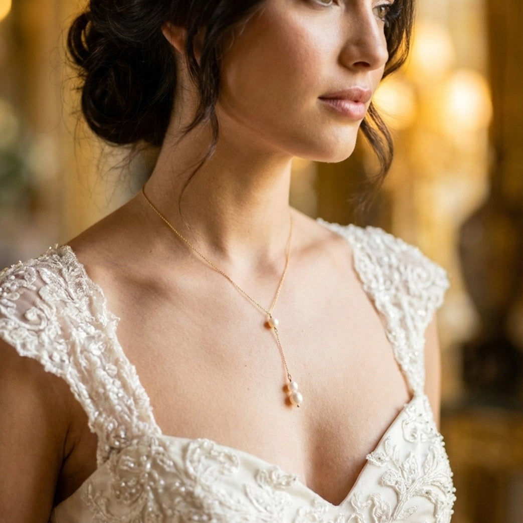 Woman wearing a lace bridal dress with a y pearl drop necklace in a softly lit setting