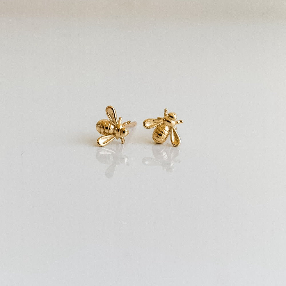 tiny gold bee stud earrings 10K solid yellow gold - Adorned By Ruth