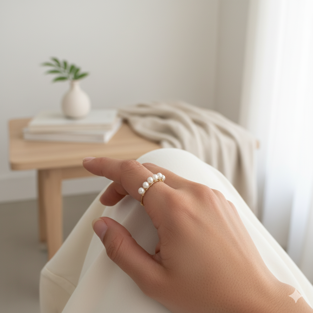 Hand wearing a pearl ring with a blurred indoor setting