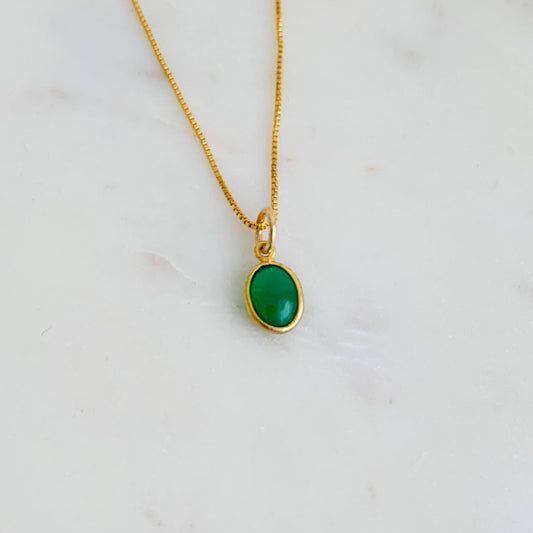 14k gold filled oval bezel green onyx pendant charm shown on a necklace chain