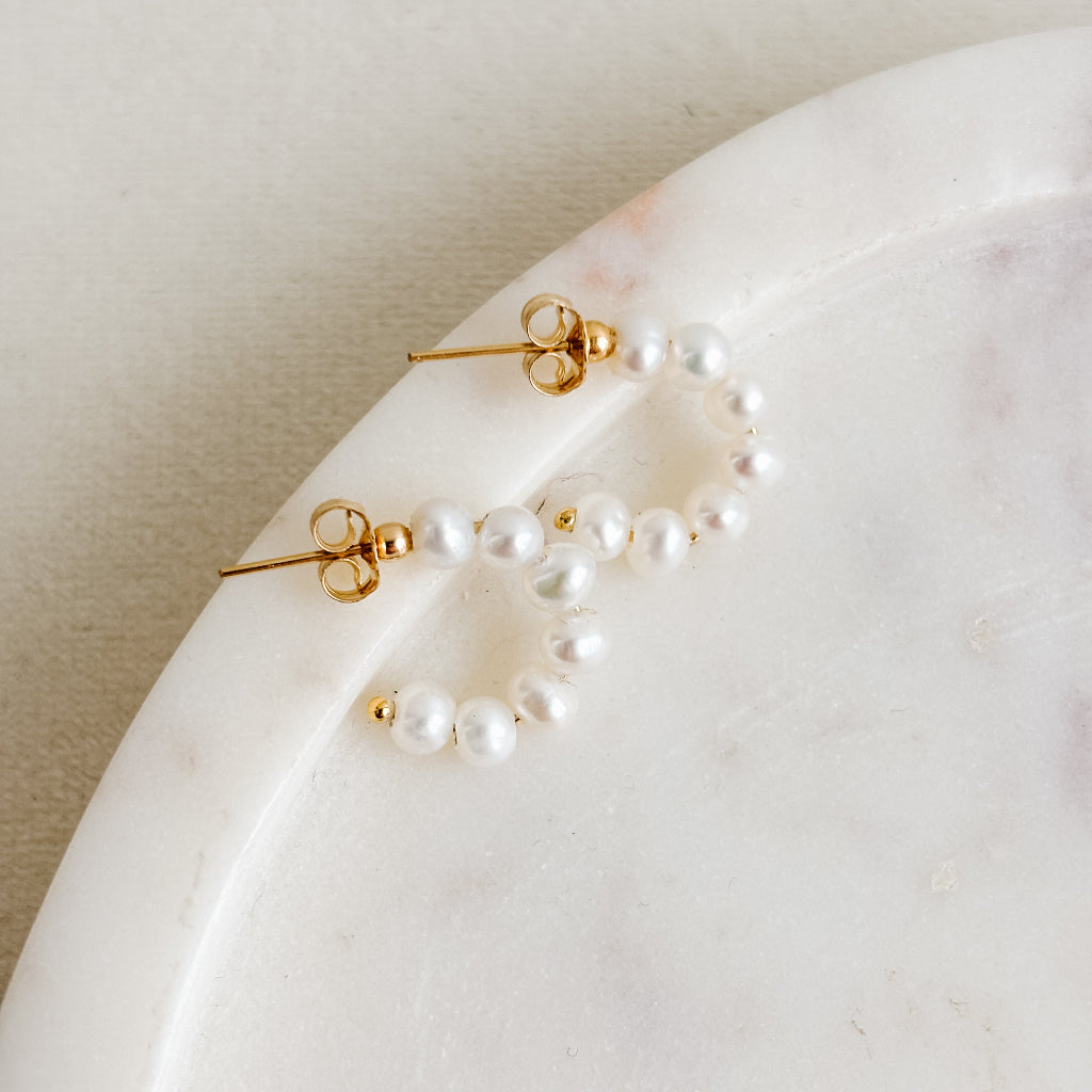 14k gold filled open hoop stud earrings with lustrous pearls all around