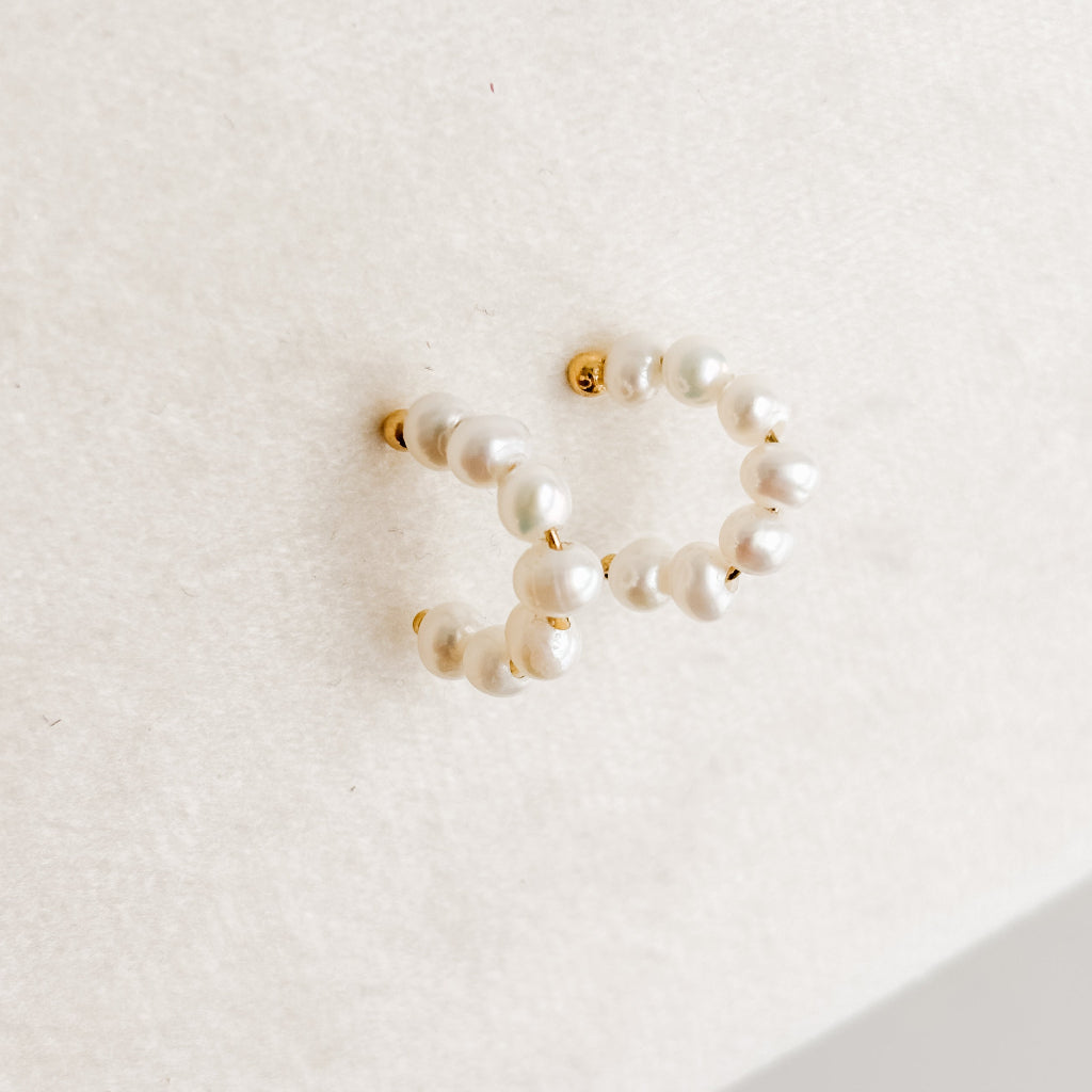 small pearl hoop stud earring with 7 lustrous organic pearls