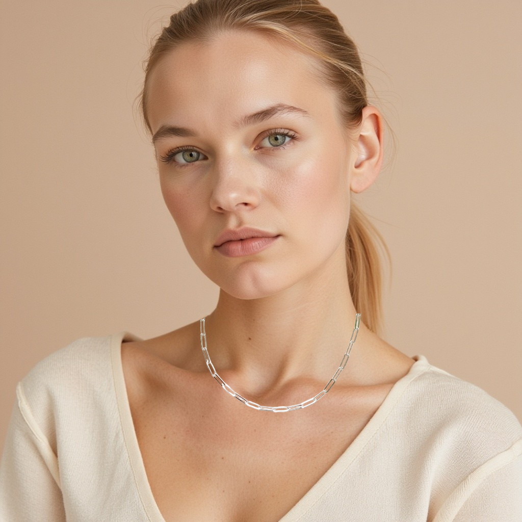 sterling silver large link paperclip chain necklace shown on an AI generated image of a woman for approximate size reference of the chunky chain.  