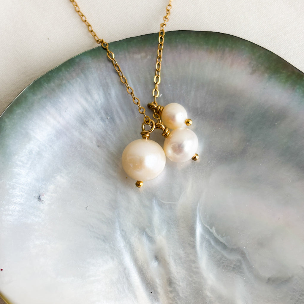 Pearl necklace on a shell with a white background