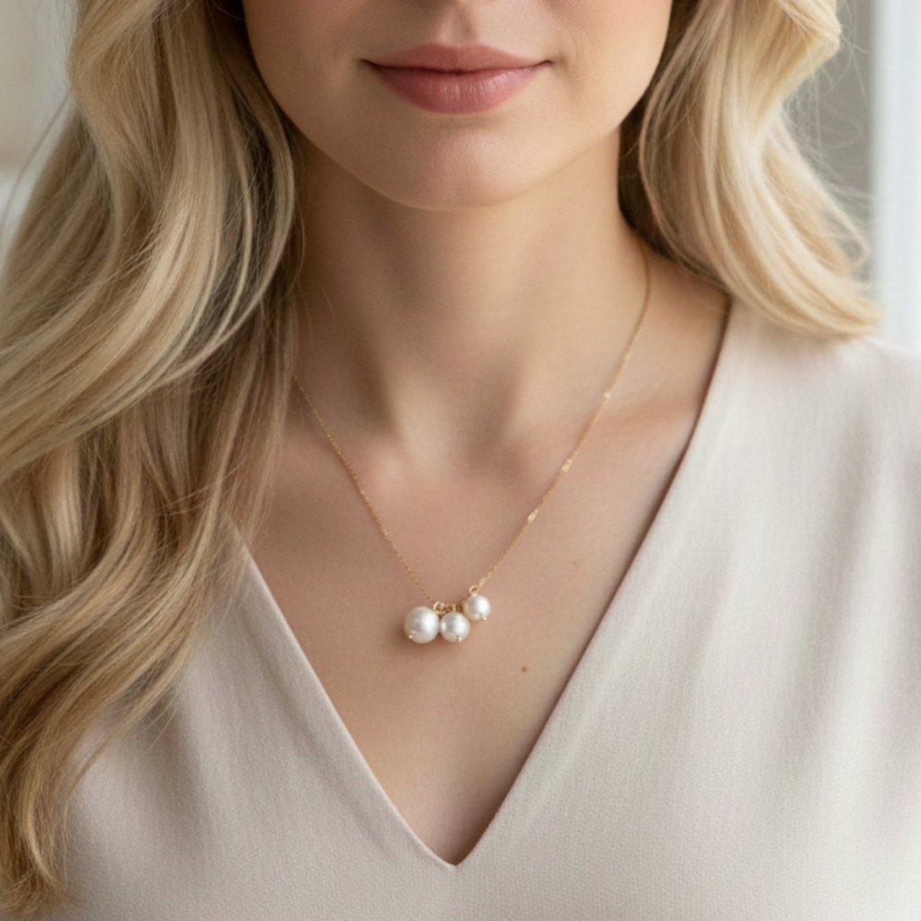 Woman wearing a pearl necklace against a neutral background