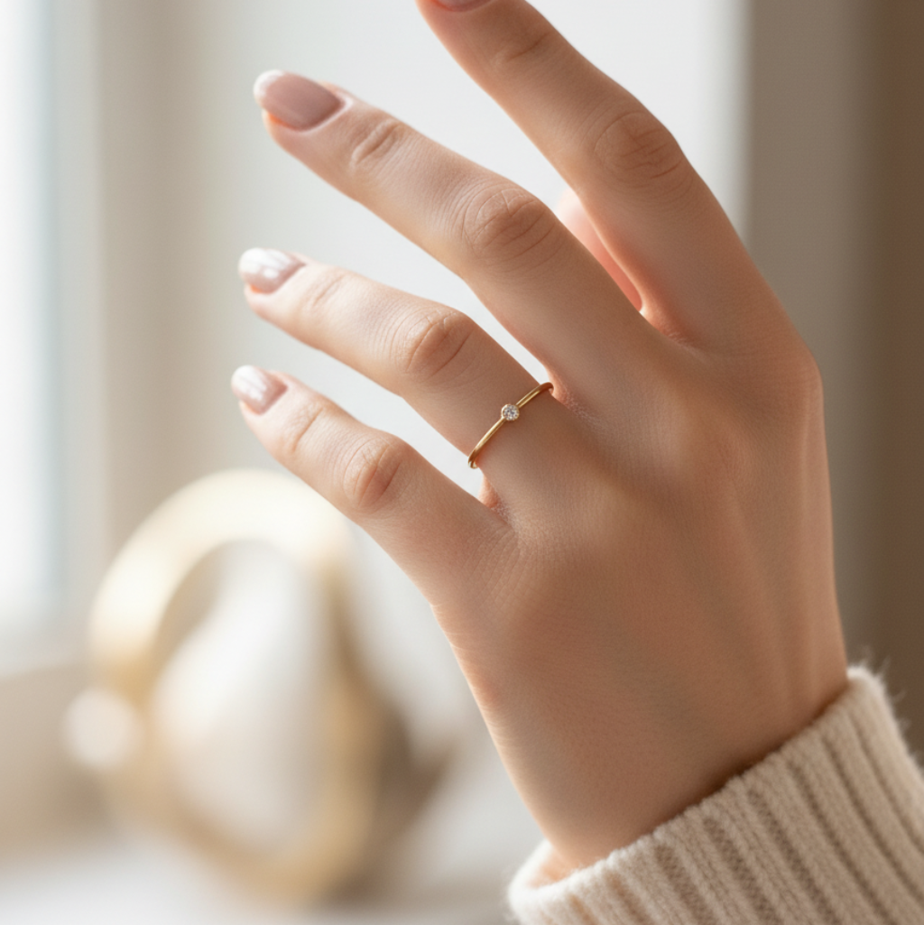 a 1mm gold band ring with a bezel set 2mm cubic zirconia shown on a woman's hand.  The woman is in a light colored outfit and the background is slightly blurred and light.