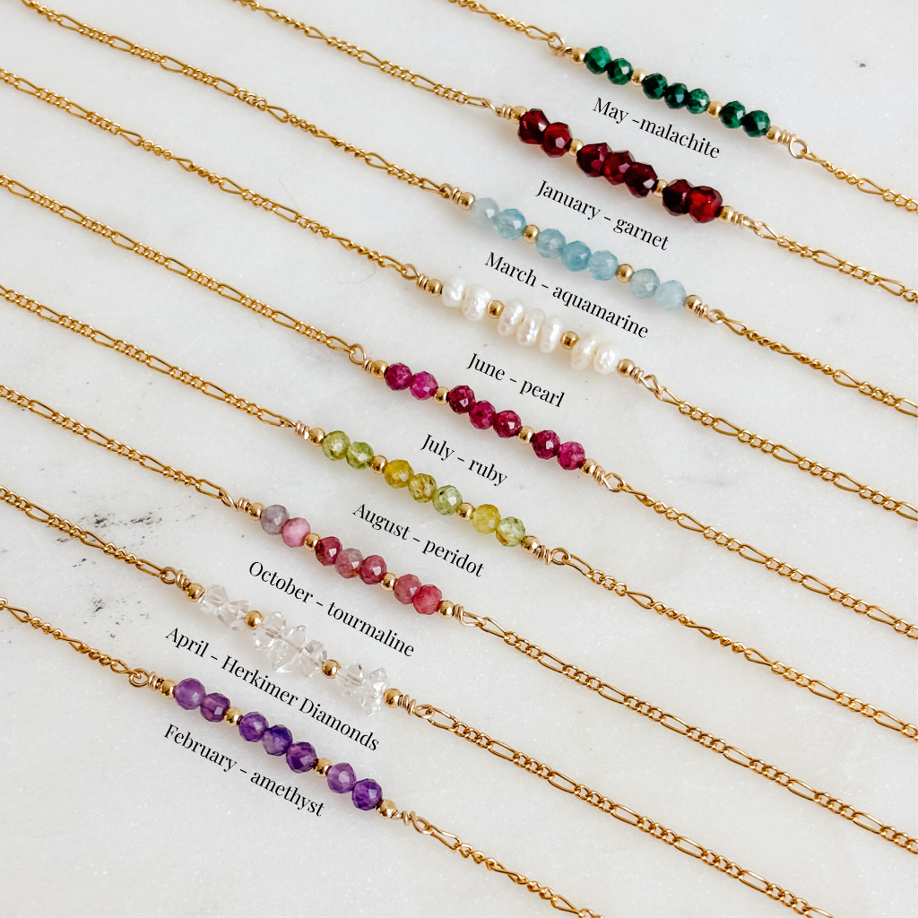 gold filled Figaro chain bracelet with tiny gemstones