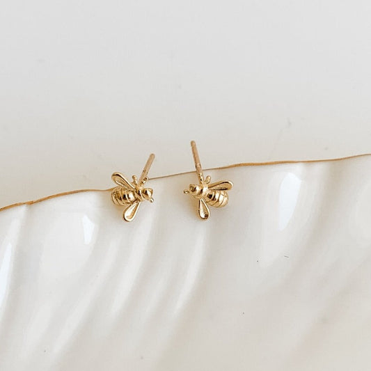 mini bee-shaped stud earrings 10K yellow solid gold
