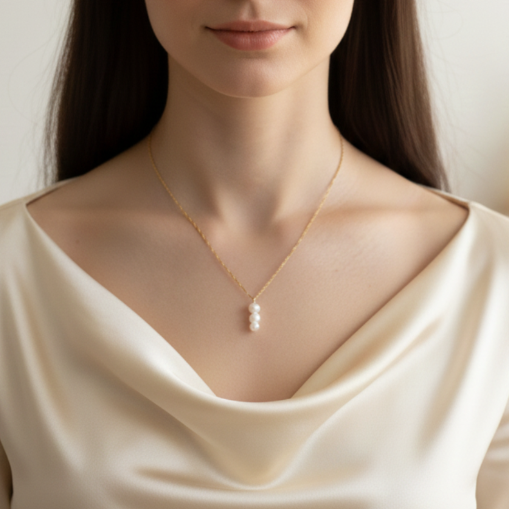 Woman wearing necklace with a 3 graduated pearls pendant on Singapore chain against a neutral background