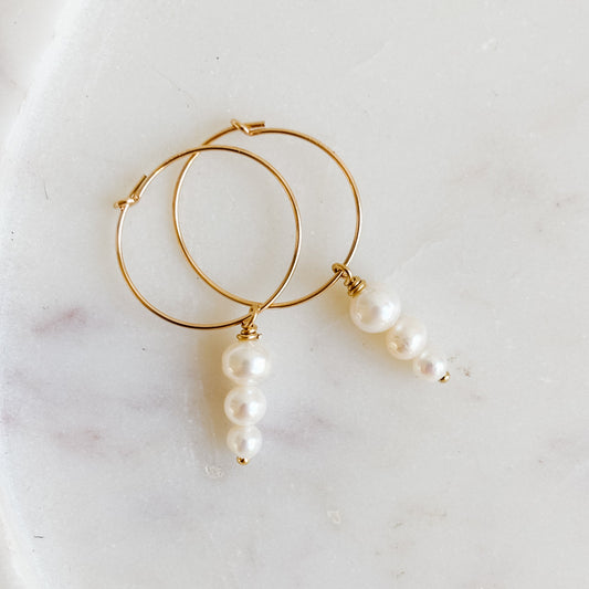 Triple Pearl Hoop Earrings - 14K Gold Filled or Sterling Silver | Handmade in Canada