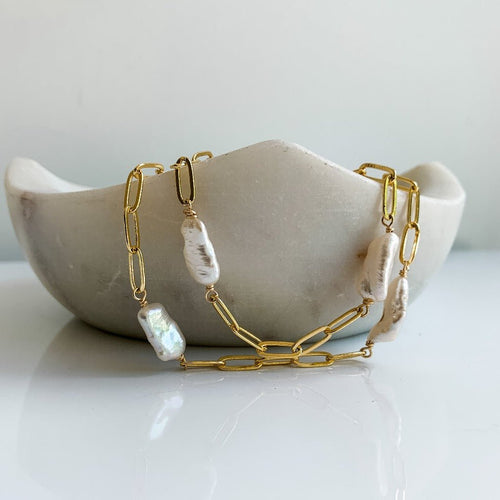 Biwa Pearl Paperclip Link Necklace - Bythe - Adorned by Ruth