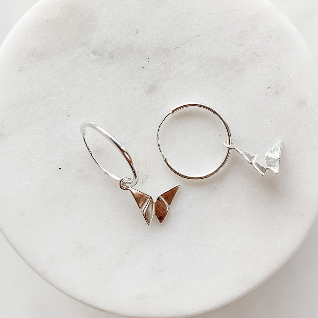 Butterfly Charm Hoop Earrings in Silver - Adorned by Ruth