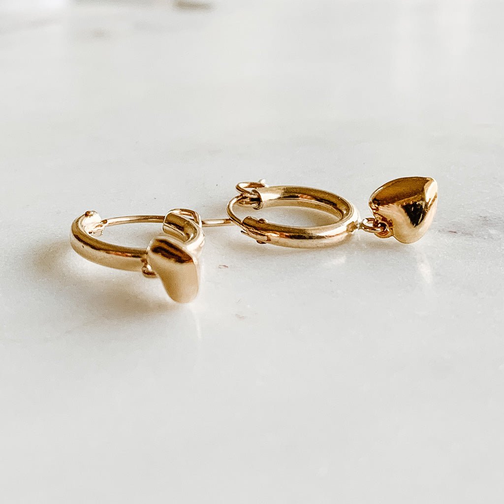 Dangle Heart Hoop Earrings - Gold Filled - Adorned by Ruth