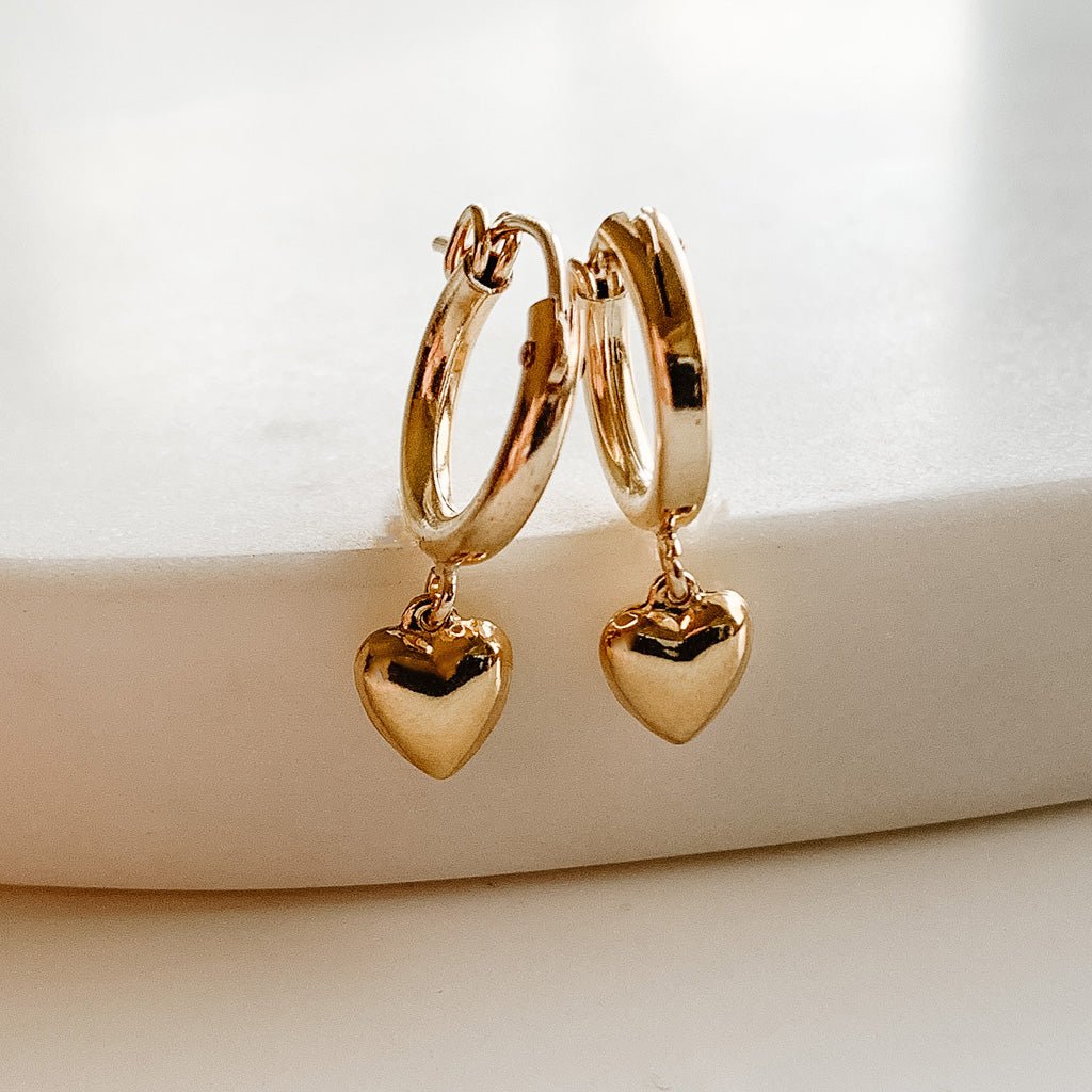 Dangle Heart Hoop Earrings - Gold Filled - Adorned by Ruth