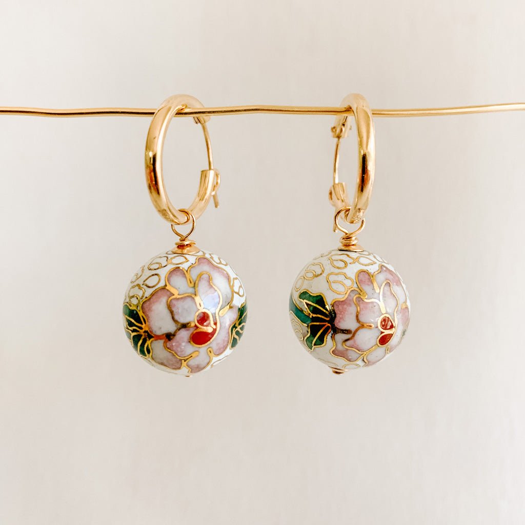 Floral Cloisonné Drop Hoop Earrings - Adorned by Ruth