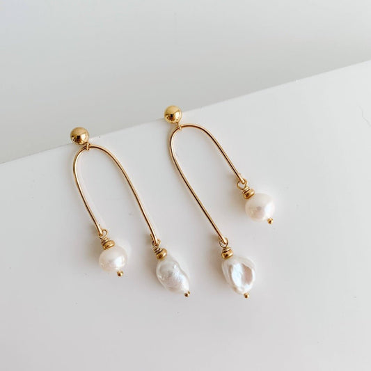 Gold Arch Two Pearl Drop Earrings - Adorned by Ruth