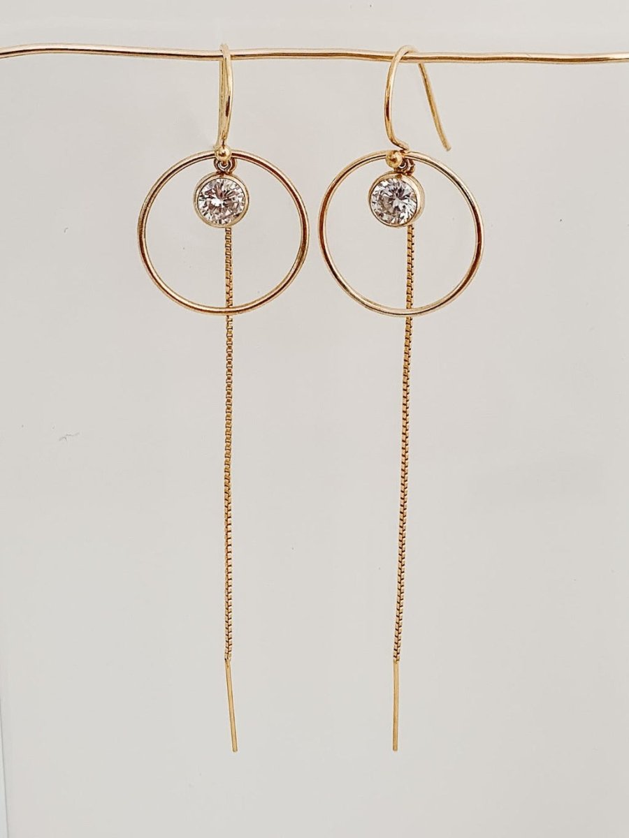 Gold Circle Earrings with Dangling Cubic Zirconia and Chain - Adorned by Ruth