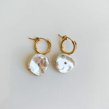 Load image into Gallery viewer, Gold Hoop Petal Pearl Dangle Earrings - Adorned by Ruth
