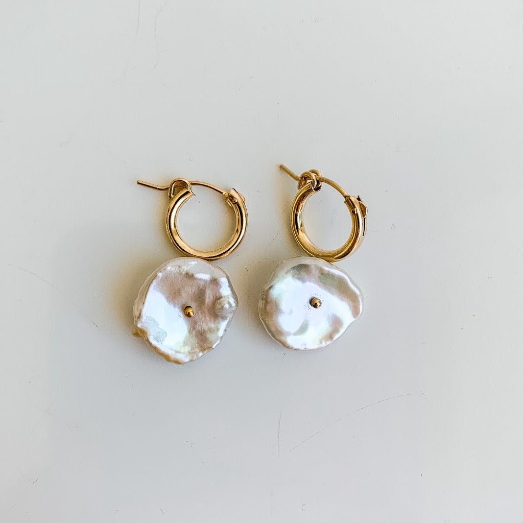 Gold Hoop Petal Pearl Dangle Earrings - Adorned by Ruth