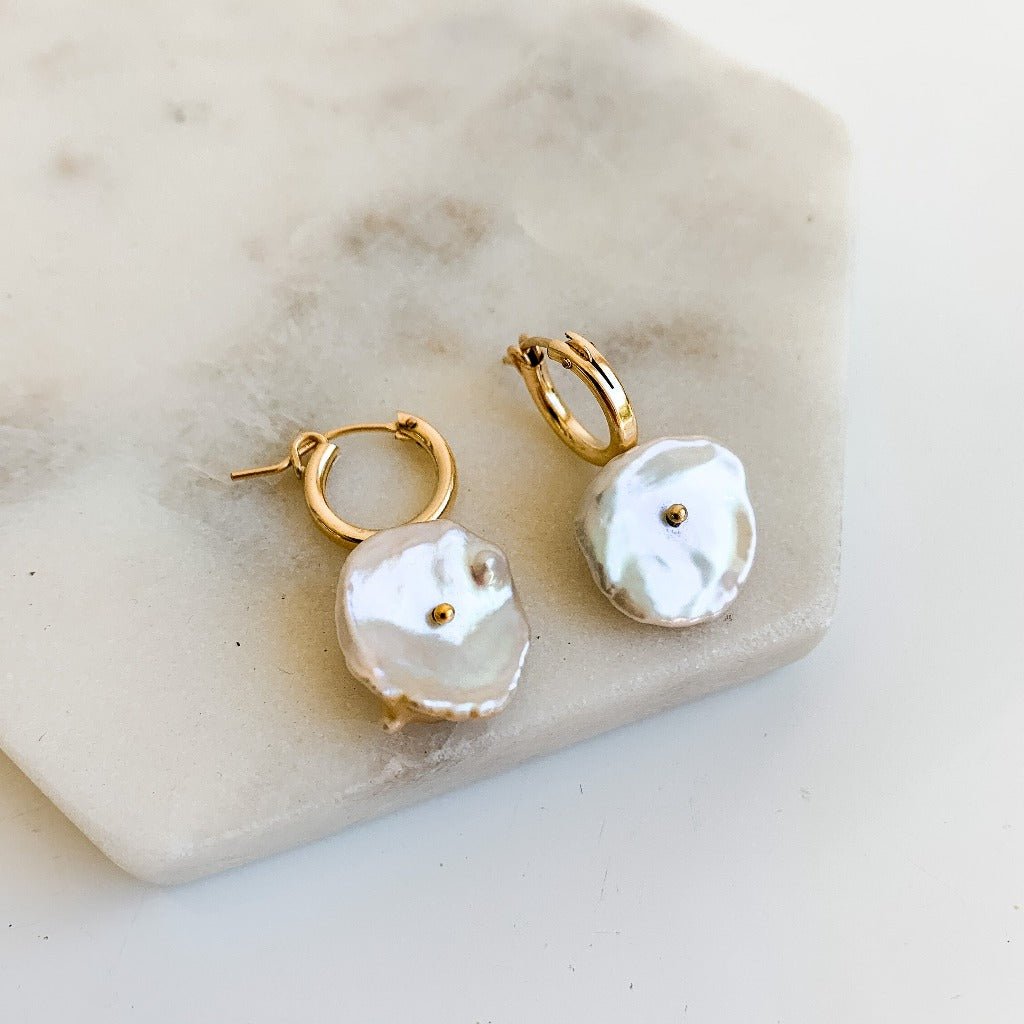 Gold Hoop Petal Pearl Dangle Earrings - Adorned by Ruth