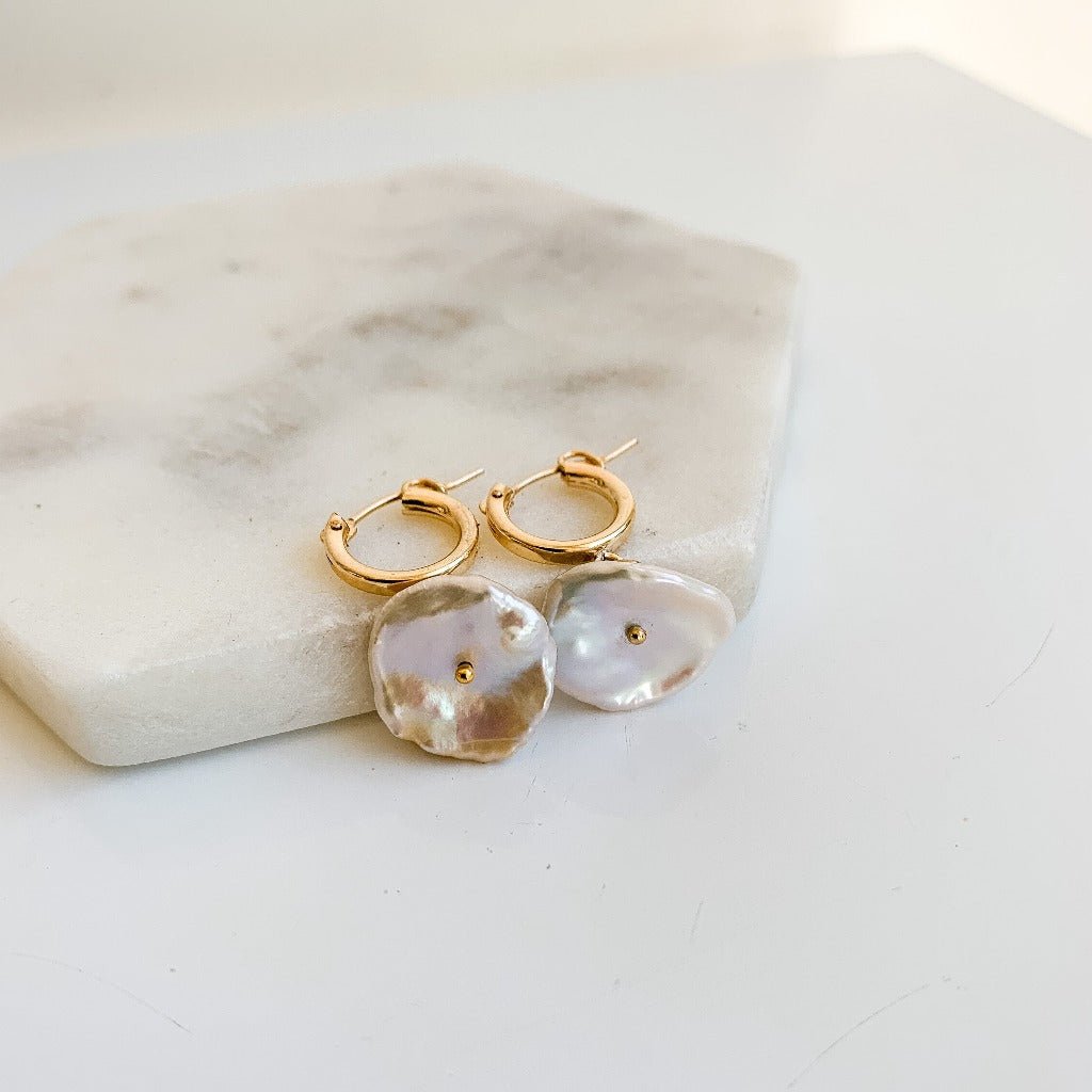 Gold Hoop Petal Pearl Dangle Earrings - Adorned by Ruth