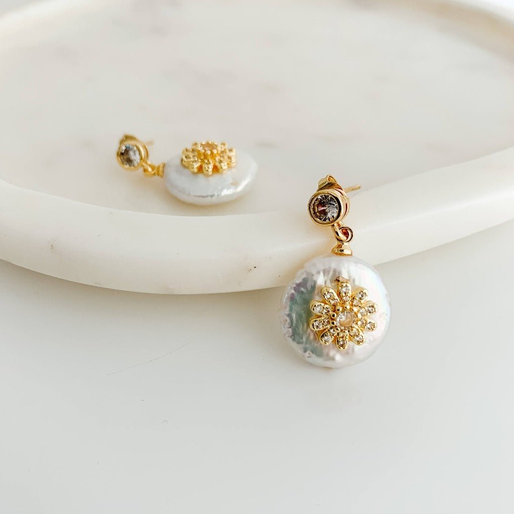 Gold Pearl and Crystal Embellished Drop Earrings - Adorned by Ruth