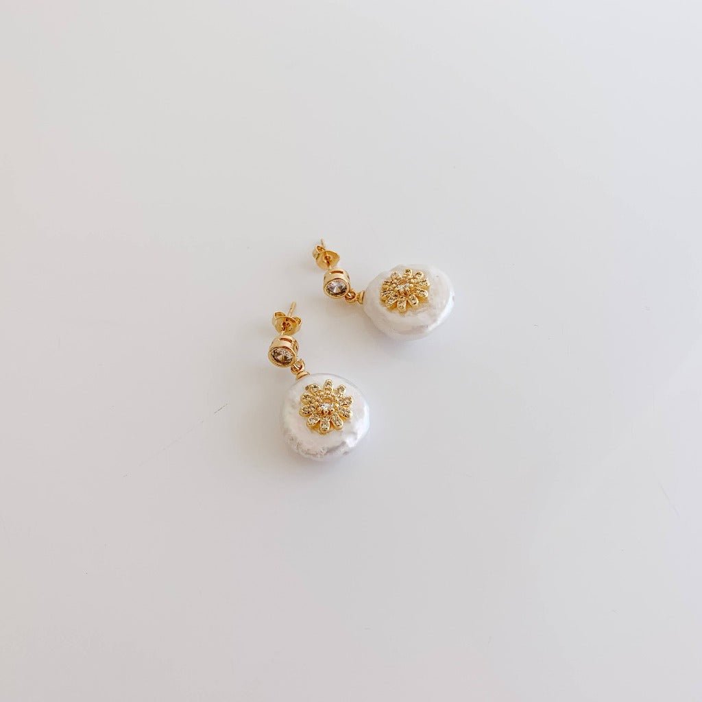 Gold Pearl and Crystal Embellished Drop Earrings - Adorned by Ruth