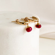 Load image into Gallery viewer, Gold Ruby Drop Hoop Earrings - Pythia - Adorned by Ruth
