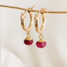 Load image into Gallery viewer, Gold Ruby Drop Hoop Earrings - Pythia - Adorned by Ruth
