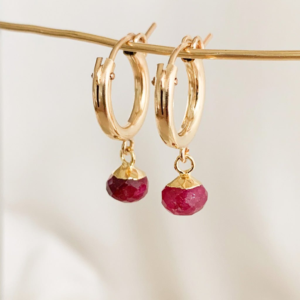 Gold Ruby Drop Hoop Earrings - Pythia - Adorned by Ruth