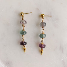 Load image into Gallery viewer, Gold Triple Stone Drop Earrings in Ombre Fluorite - Adorned by Ruth
