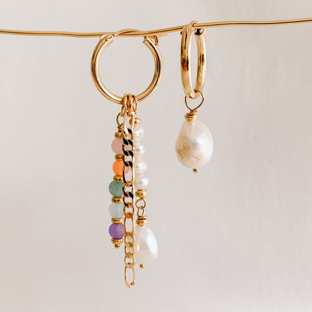 Mismatched Stone & Pearl Hoop Earrings - Adorned by Ruth