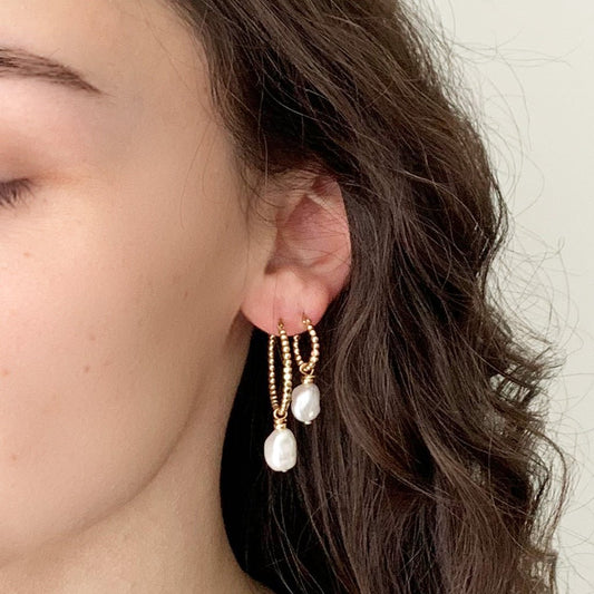 Olivia Gold Beaded Hoop Pearl Earrings - Adorned by Ruth