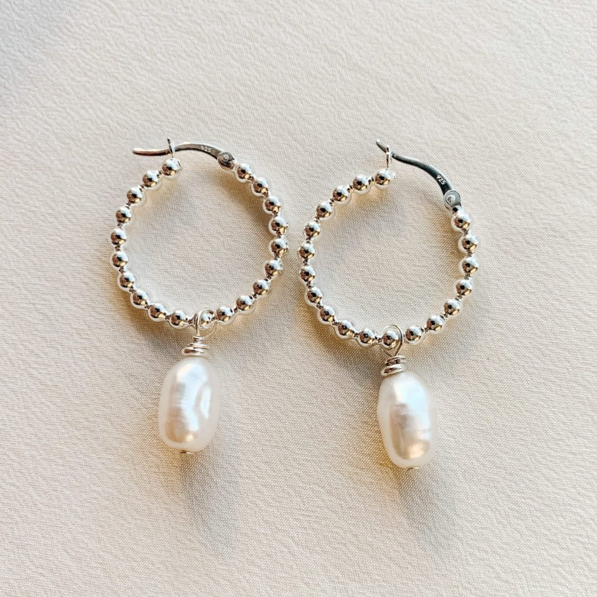 Olivia Silver Pearl Beaded Hoop Earrings - Adorned by Ruth