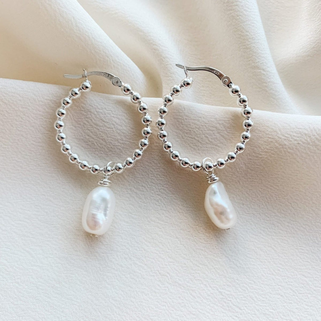Olivia Silver Pearl Beaded Hoop Earrings - Adorned by Ruth