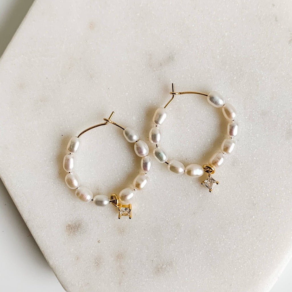 Pearl Hoop Earrings with Cubic Zirconia Drop - Adorned by Ruth